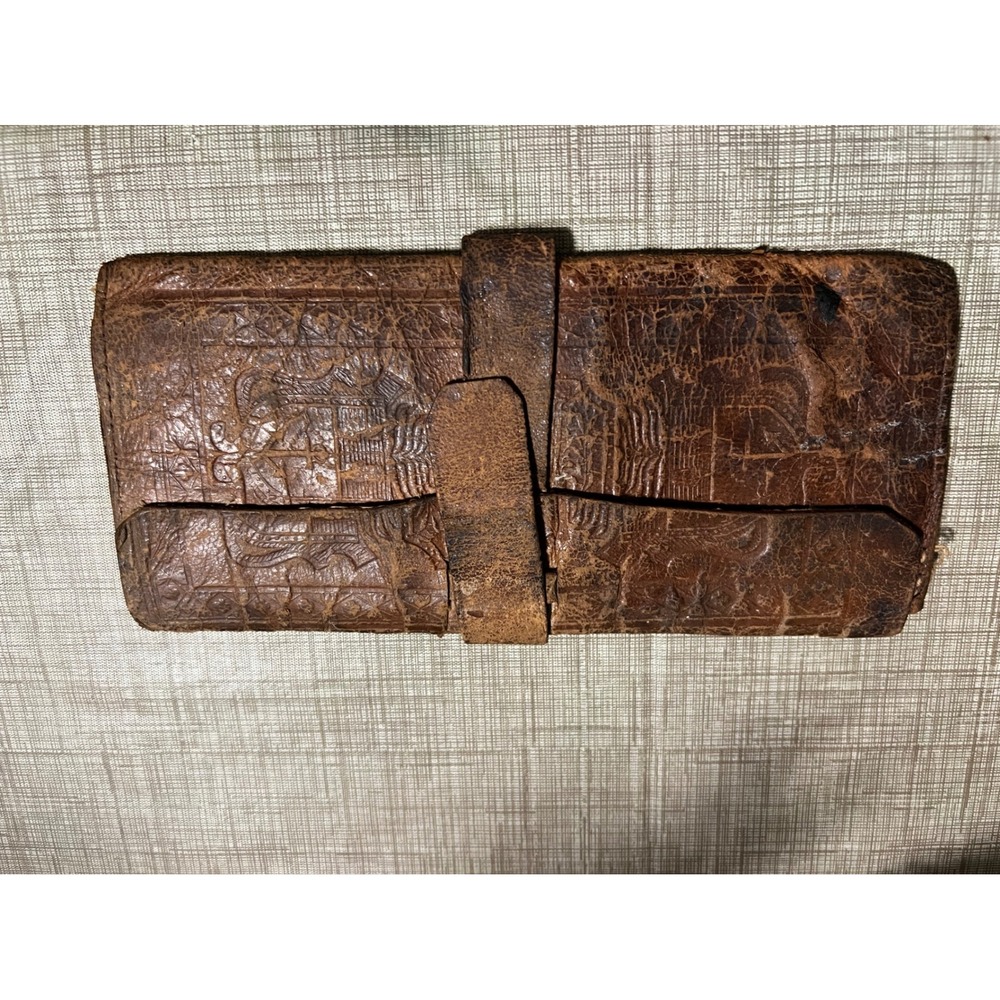 Vintage 1800s Hand Tooled Leather Wallet Coat of Arms Embossed Brown Long Clutch